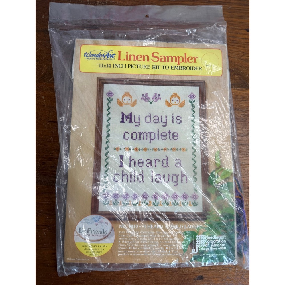 WonderArt Linen Sampler Kit I Heard a Child Laugh 11x14 Embroidery Vintage